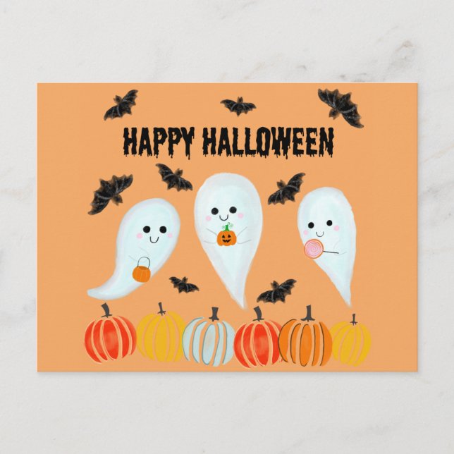 Cute Happy Halloween Ghost Bat Pumpkin Postcard (Front)