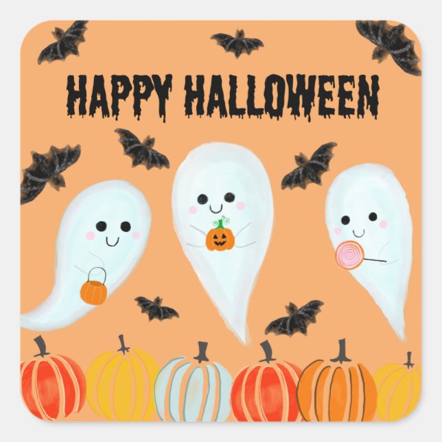Cute Happy Halloween Ghost Bat Pumpkin Square Sticker (Front)