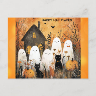 Cute Happy Halloween Ghost Black Cat Pumpkin Postcard