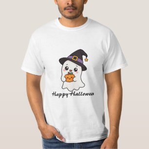 Cute Happy Halloween Ghost holding Pumpkin T-Shirt