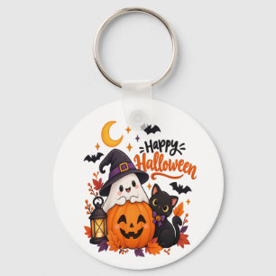 Cute Happy Halloween Ghost Pumpkin Black Cat Key Ring