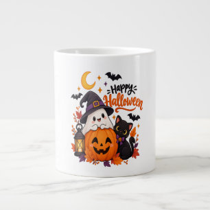 Cute Happy Halloween Ghost Pumpkin Black Cat Large Coffee Mug