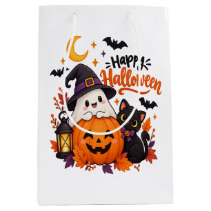 Cute Happy Halloween Ghost Pumpkin Black Cat Medium Gift Bag