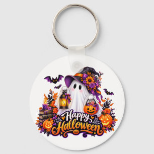 Cute Happy Halloween Ghost – Spooky & Colourful Key Ring