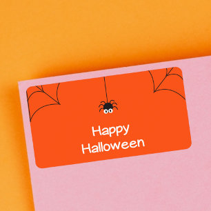 Cute Happy Halloween Hanging Spider with Web Label