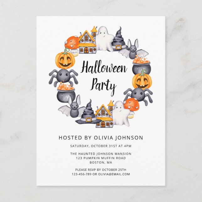 Cute Happy Halloween Illustration Party Invitation Postcard (Front)