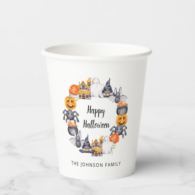 Cute Happy Halloween Illustration Party Paper Cups (Front)