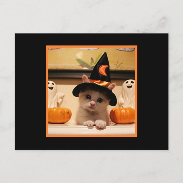 Cute Happy Halloween Kitty And Witch Hat Postcard (Front)