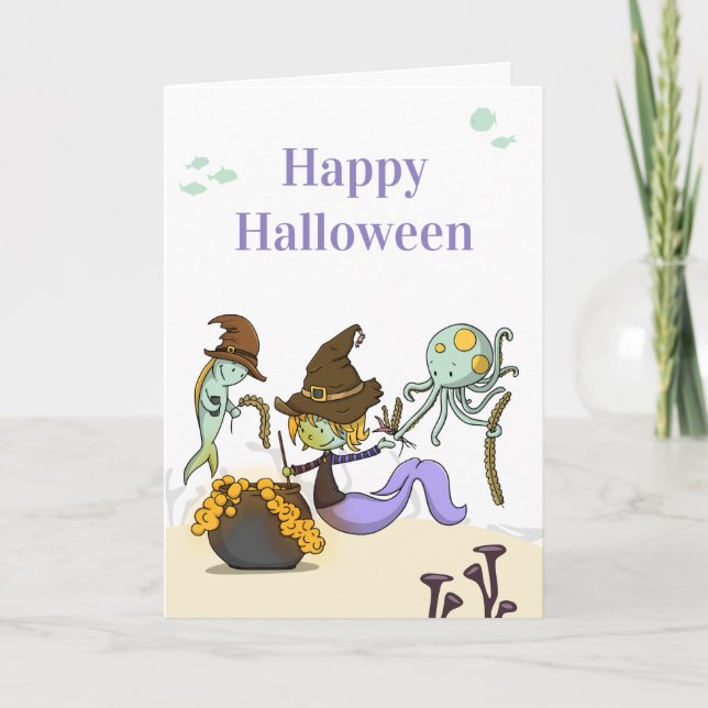 Cute Happy Halloween Mermaid Witch Card (Front)