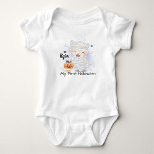 Cute Happy Halloween Mummy Kitten and Pumpkin Baby Bodysuit