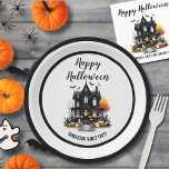 Cute Happy Halloween Paper Plate<br><div class="desc">Serve up some spooky fun with these festive Halloween party paper plates, perfect for your annual costume party or any Halloween event. Featuring a simple black and white design, the plates showcase a haunted house with orange accents from pumpkins, jack-o-lanterns, and a spooky tree. Playful ghost and bat details add...</div>