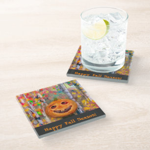 Cute Happy Halloween Pumpkin Face Glass Coaster