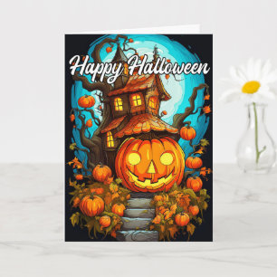 Cute Happy Halloween Pumpkin & Haunted House Card