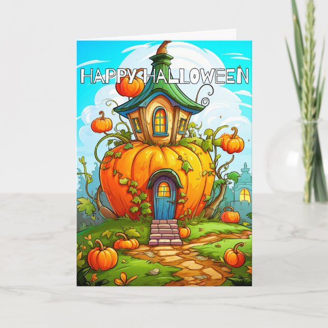 Cute Happy Halloween Pumpkin House Card (Front)