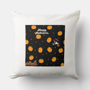 Cute Happy Halloween Pumpkins and Witch Throw Pill Cushion