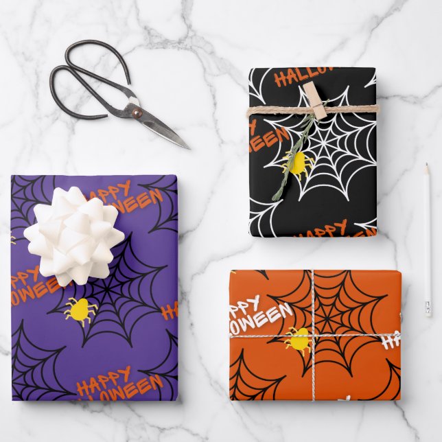 Cute Happy Halloween Spider Web Pattern Wrapping Paper Sheet (Front)