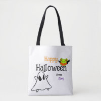 Cute Happy Halloween Tote Bag with ghostie & frog