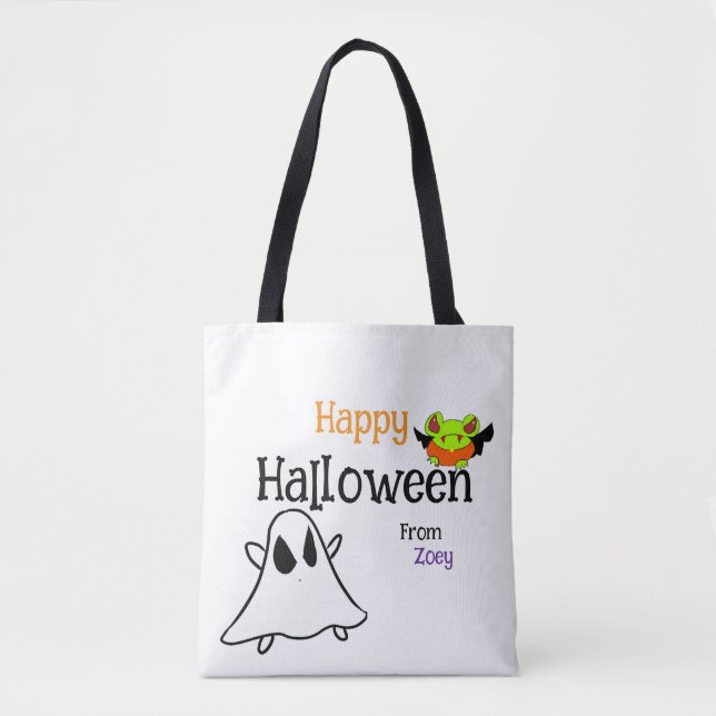 Cute Happy Halloween Tote Bag with ghostie & frog (Front)