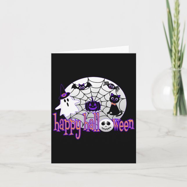 Cute Happy Halloween With Spider Web Black Cat Bat Card (Front)