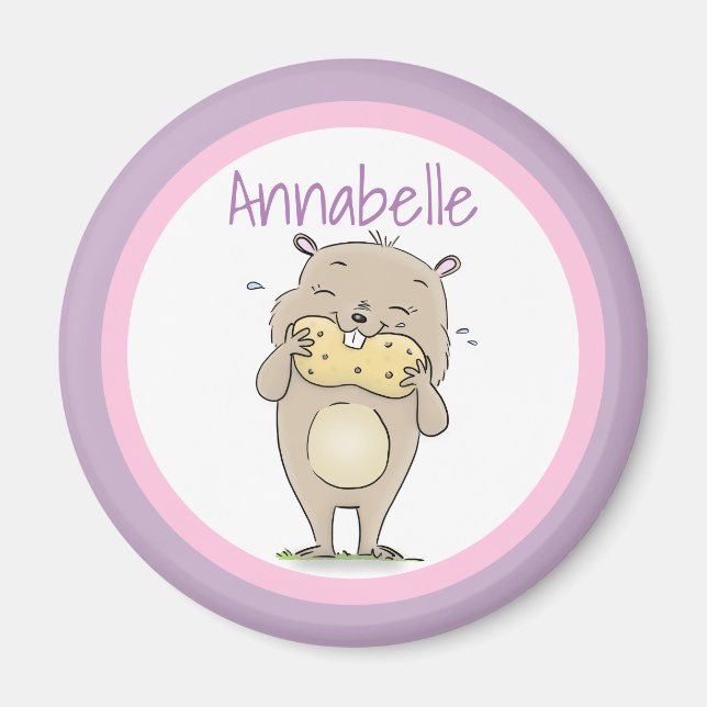 Cute happy hamster eating a peanut cartoon magnet (Front)