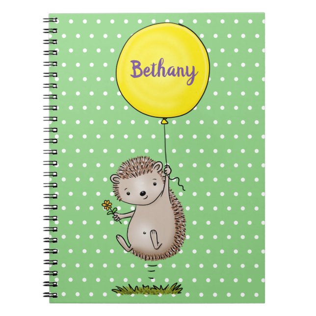 Cute happy hedgehog with balloon illustration notebook (Front)