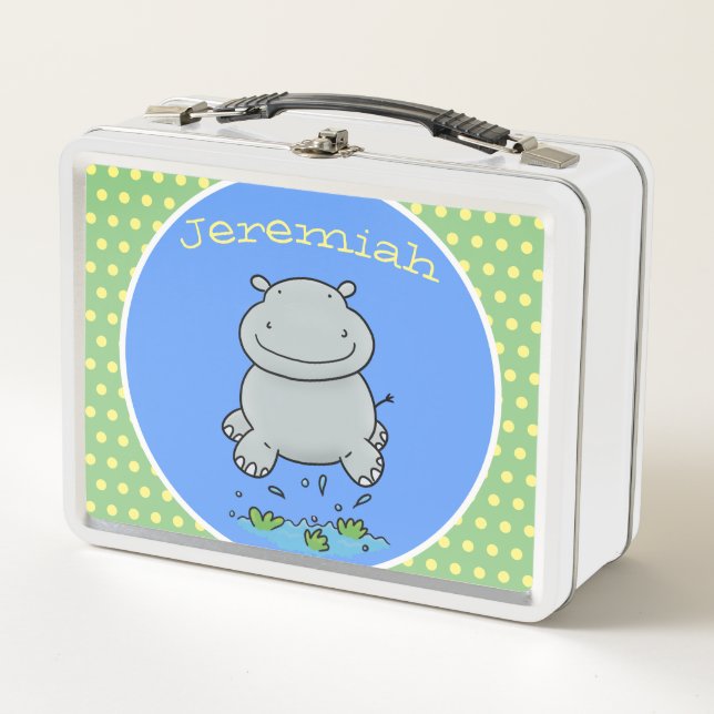 Cute happy hippo cartoon illustration metal lunch box (Front)