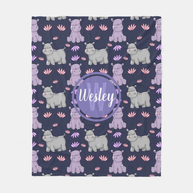 Cute Happy Hippos and Flowers Monogram Fleece Blanket (Front)