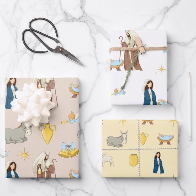 Cute Happy Holiday Christmas Nativity Pattern Wrapping Paper Sheet (Front)