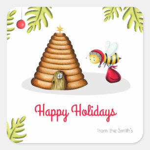 Cute Happy Holidays Bee Santa Claus From Family Square Sticker