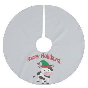Cute Happy Holidays Christmas Elf Cow Brushed Polyester Tree Skirt