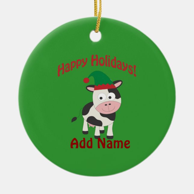 Cute Happy Holidays Christmas Elf Cow Ceramic Tree Decoration (Front)