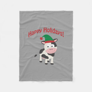 Cute Happy Holidays Christmas Elf Cow Fleece Blanket