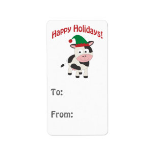 Cute Happy Holidays Christmas Elf Cow Label