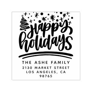 Cute Happy Holidays Family Name Return Address Self-inking Stamp