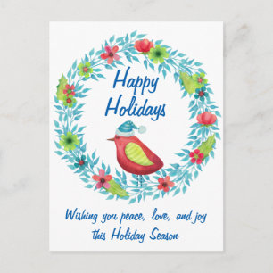 Cute Happy Holidays Flower Wreath with Red Bird Holiday Postcard
