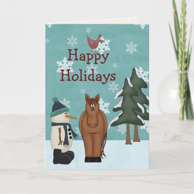 Cute Happy Holidays Horse and Snowman Christmas Holiday Card (Front)