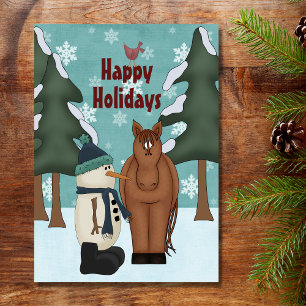 Cute Happy Holidays Horse and Snowman Christmas Holiday Card