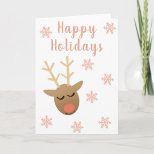 Cute Happy Holidays Reindeer Pink Gold Card