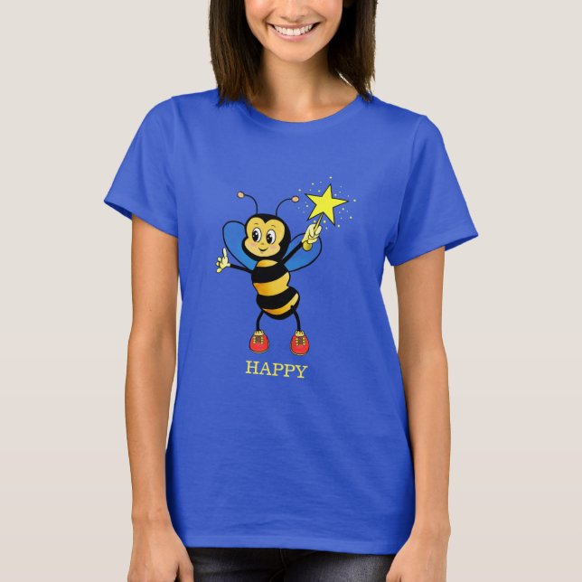 Cute Happy Honey Bee with Star on Sky Blue T-Shirt (Front)