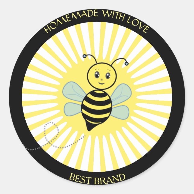 Cute Happy Honeybee Jar Label & Sun Rays Homemade (Front)