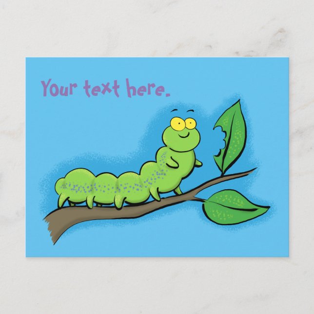 Cute happy hungry green caterpillar cartoon postcard (Front)
