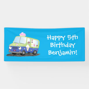 Cute happy ice cream truck cartoon banner