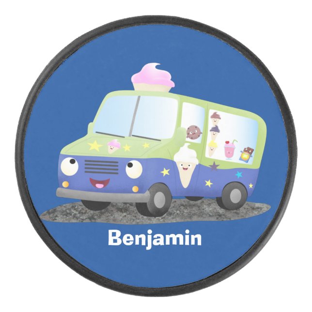 Cute happy ice cream truck cartoon hockey puck (Front)