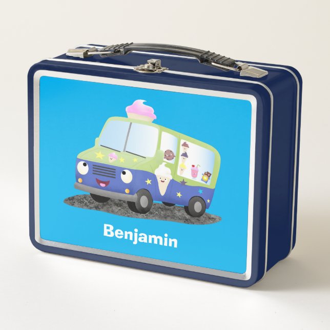 Cute happy ice cream truck cartoon metal lunch box (Front)