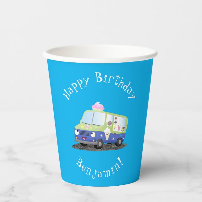 Cute happy ice cream truck cartoon paper cups (Front)
