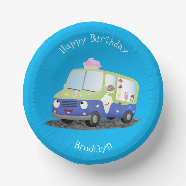 Cute happy ice cream truck cartoon  paper plate (Front)