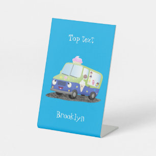Cute happy ice cream truck cartoon pedestal sign