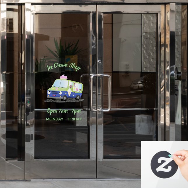 Cute happy ice cream truck cartoon personalised window cling (Office Door)