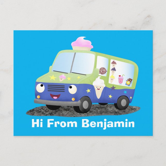 Cute happy ice cream truck cartoon postcard (Front)