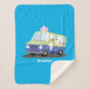 Cute happy ice cream truck cartoon sherpa blanket